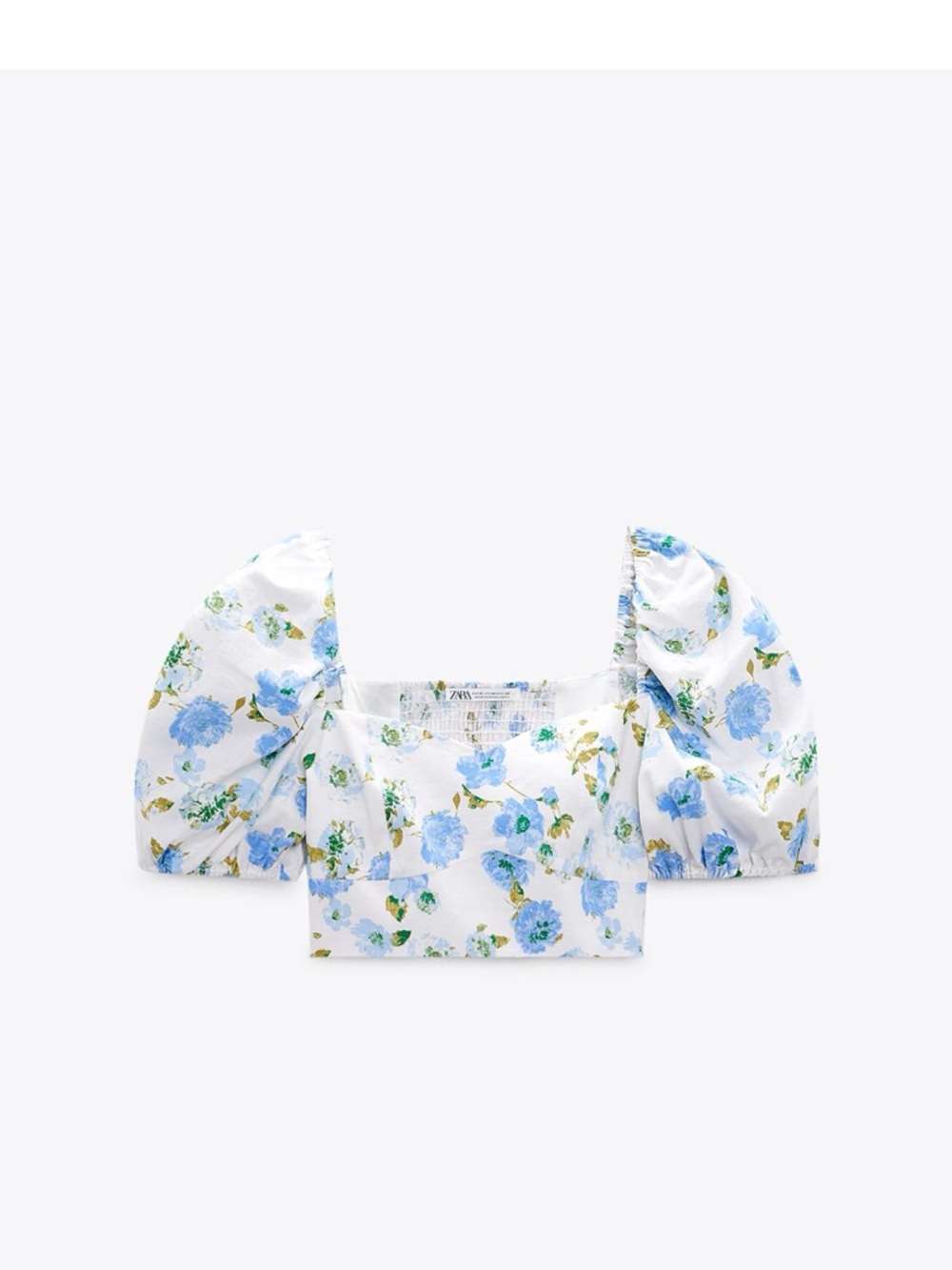 Zara White Cropped Puff-Sleeve Top with Blue Floral Print